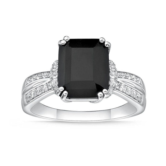 Emerald-Cut Black Onyx and White Topaz Collar Split Shank Ring in Sterling Silver