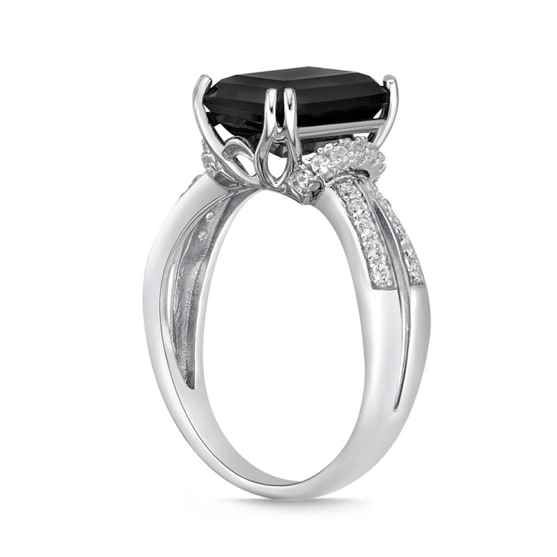 Emerald-Cut Black Onyx and White Topaz Collar Split Shank Ring in Sterling Silver