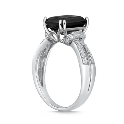 Emerald-Cut Black Onyx and White Topaz Collar Split Shank Ring in Sterling Silver