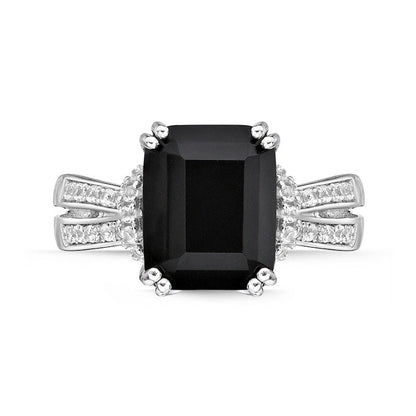 Emerald-Cut Black Onyx and White Topaz Collar Split Shank Ring in Sterling Silver