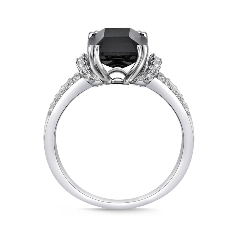 Emerald-Cut Black Onyx and White Topaz Collar Split Shank Ring in Sterling Silver