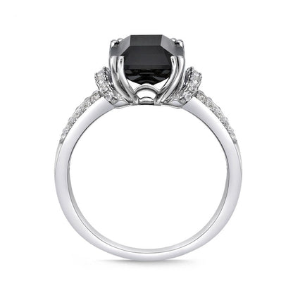 Emerald-Cut Black Onyx and White Topaz Collar Split Shank Ring in Sterling Silver