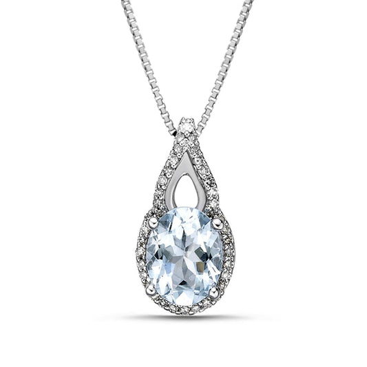 Oval Aquamarine and 0.13 CT. T.W. Natural Diamond Frame Open Flame Pendant in 10K White Gold