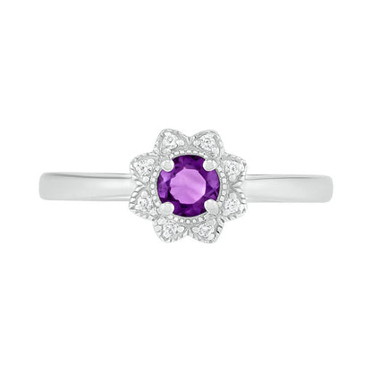 4.0mm Amethyst and 0.05 CT. T.W. Natural Diamond Antique Vintage-Style Flower Ring in Sterling Silver