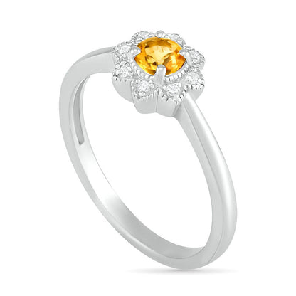 4.0mm Citrine and 0.05 CT. T.W. Natural Diamond Antique Vintage-Style Flower Ring in Sterling Silver
