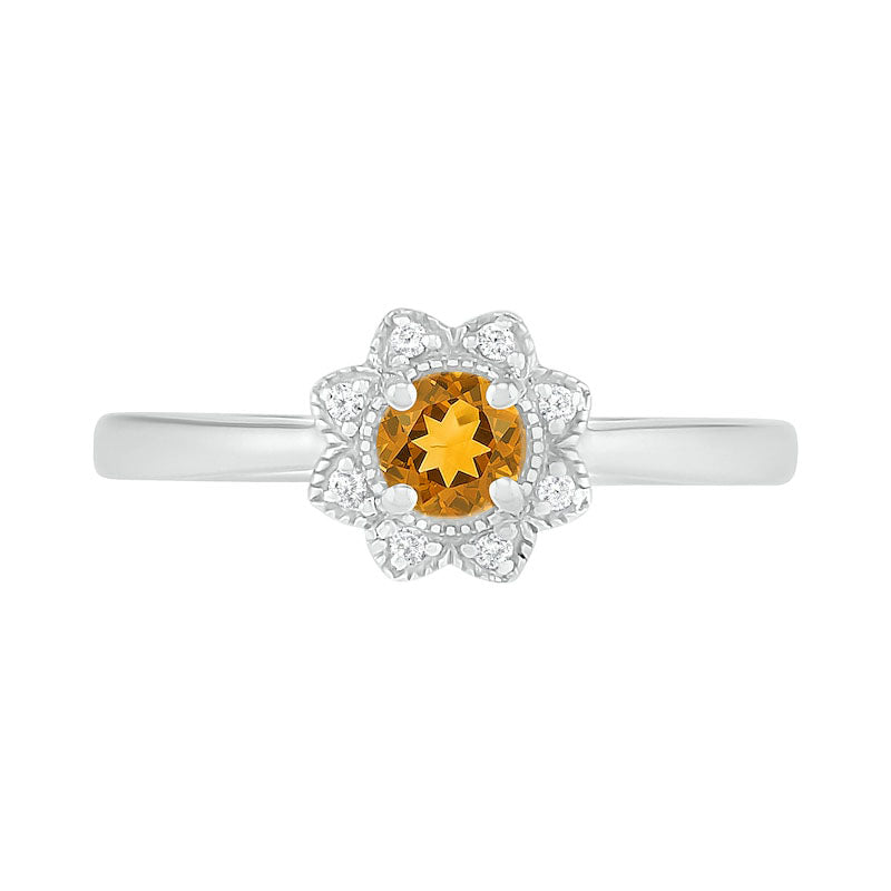 4.0mm Citrine and 0.05 CT. T.W. Natural Diamond Antique Vintage-Style Flower Ring in Sterling Silver