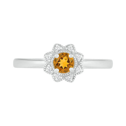 4.0mm Citrine and 0.05 CT. T.W. Natural Diamond Antique Vintage-Style Flower Ring in Sterling Silver