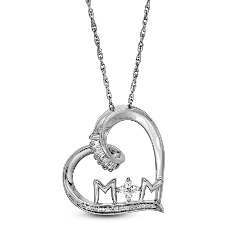 0.17 CT. T.W. Baguette and Round Natural Diamond MOM" Tilted Heart Pendant in Sterling Silver"