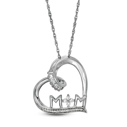 0.17 CT. T.W. Baguette and Round Natural Diamond MOM" Tilted Heart Pendant in Sterling Silver"