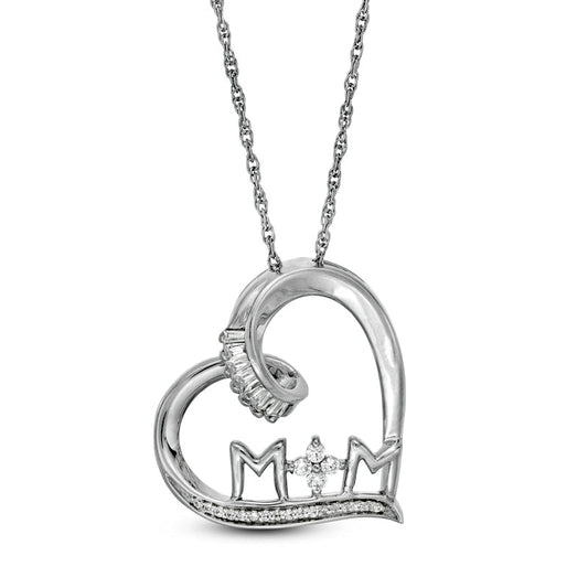 0.17 CT. T.W. Baguette and Round Natural Diamond MOM" Tilted Heart Pendant in Sterling Silver"