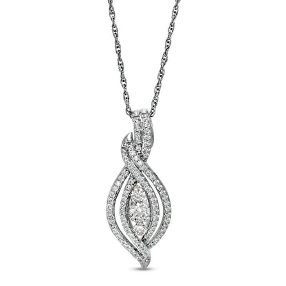 0.5 CT. T.W. Natural Diamond Three Stone Open Flame Pendant in Sterling Silver