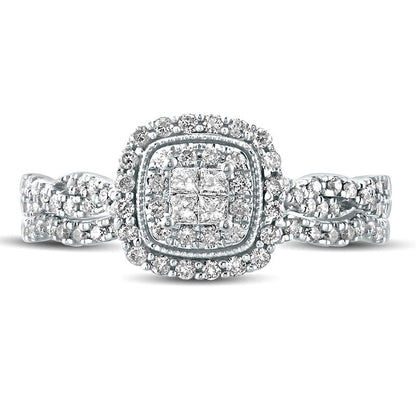 0.50 CT. T.W. Quad Princess-Cut Natural Diamond Cushion Frame Twist Shank Bridal Engagement Ring Set in Solid 10K White Gold