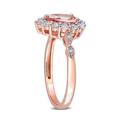 Pear-Shaped Morganite, White Topaz and Natural Diamond Accent Frame Double Leaf-Sides Ring in Solid 10K Rose Gold