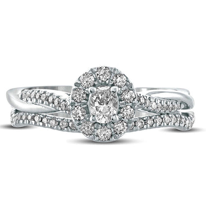 0.50 CT. T.W. Oval Natural Diamond Frame Twist Shank Bridal Engagement Ring Set in Solid 10K White Gold