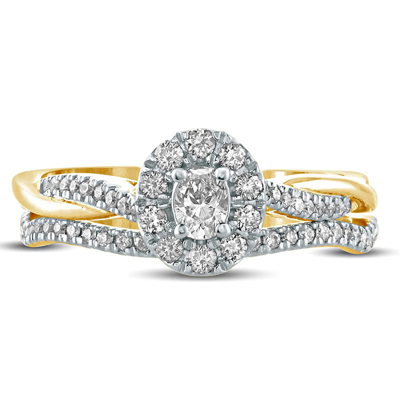 0.50 CT. T.W. Oval Natural Diamond Frame Twist Shank Bridal Engagement Ring Set in Solid 10K Yellow Gold