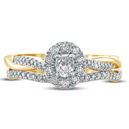 0.50 CT. T.W. Oval Natural Diamond Frame Twist Shank Bridal Engagement Ring Set in Solid 10K Yellow Gold