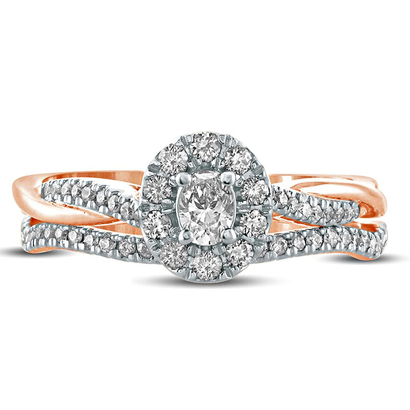 0.50 CT. T.W. Oval Natural Diamond Frame Twist Shank Bridal Engagement Ring Set in Solid 10K Rose Gold