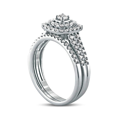 0.63 CT. T.W. Natural Diamond Cushion Frame Split Shank Bridal Engagement Ring Set in Solid 10K White Gold