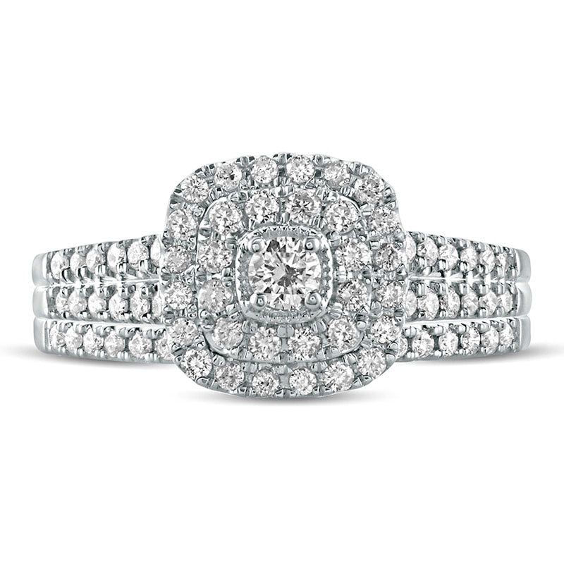 0.63 CT. T.W. Natural Diamond Cushion Frame Split Shank Bridal Engagement Ring Set in Solid 10K White Gold