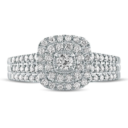 0.63 CT. T.W. Natural Diamond Cushion Frame Split Shank Bridal Engagement Ring Set in Solid 10K White Gold
