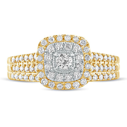 0.63 CT. T.W. Natural Diamond Double Cushion Frame Multi-Row Bridal Engagement Ring Set in Solid 10K Yellow Gold