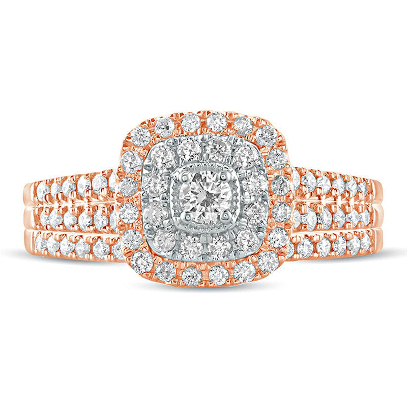 0.63 CT. T.W. Natural Diamond Double Cushion Frame Multi-Row Bridal Engagement Ring Set in Solid 10K Rose Gold
