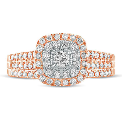 0.63 CT. T.W. Natural Diamond Double Cushion Frame Multi-Row Bridal Engagement Ring Set in Solid 10K Rose Gold