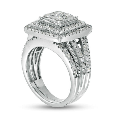 1.25 CT. T.W. Composite Princess Natural Diamond Frame Antique Vintage-Style Bridal Engagement Ring Set in Solid 10K White Gold