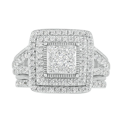 1.25 CT. T.W. Composite Princess Natural Diamond Frame Antique Vintage-Style Bridal Engagement Ring Set in Solid 10K White Gold