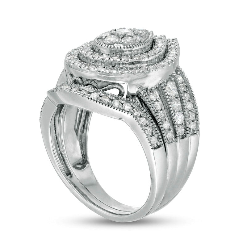 1.25 CT. T.W. Composite Pear Natural Diamond Frame Multi-Row Antique Vintage-Style Bridal Engagement Ring Set in Solid 10K White Gold