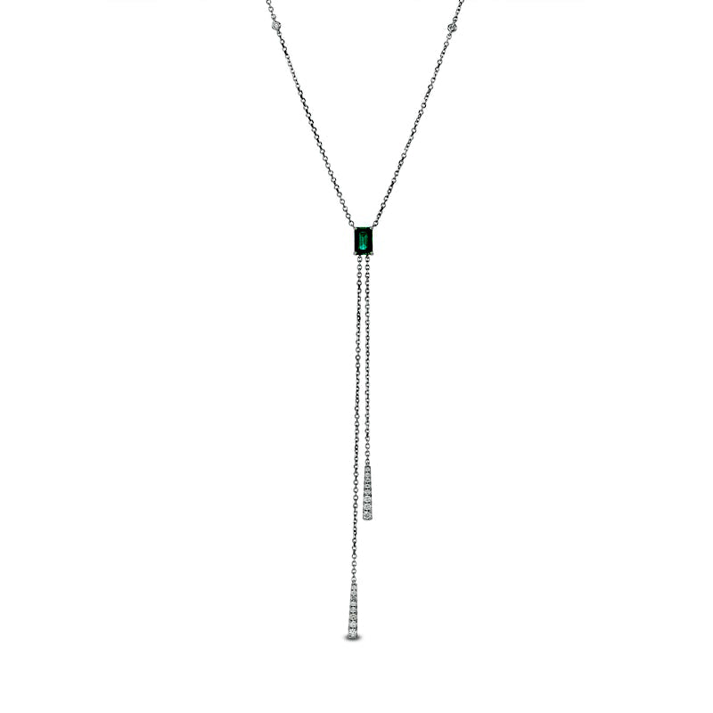 Emerald-Cut Emerald and 0.17 CT. T.W. Natural Diamond Tassel Necklace in 14K White Gold