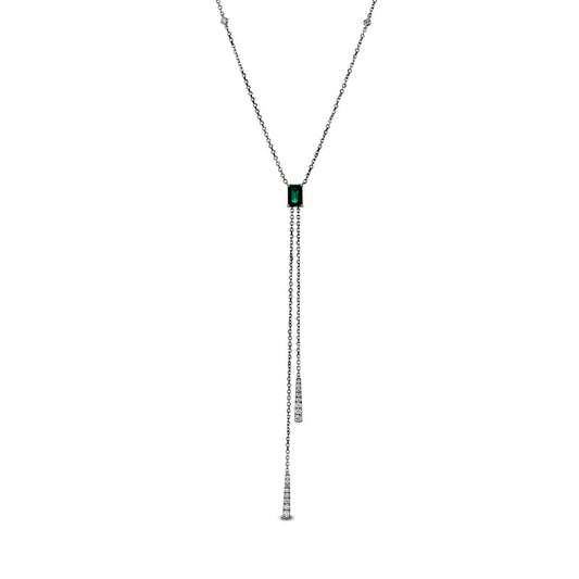 Emerald-Cut Emerald and 0.17 CT. T.W. Natural Diamond Tassel Necklace in 14K White Gold