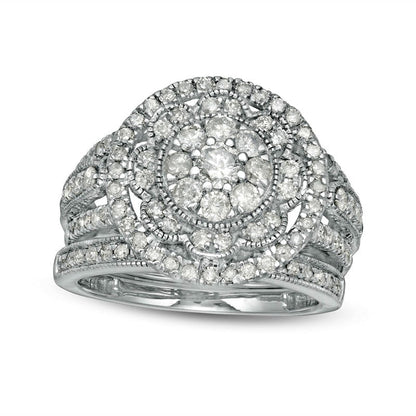 1.25 CT. T.W. Composite Natural Diamond Multi-Row Antique Vintage-Style Bridal Engagement Ring Set in Solid 10K White Gold