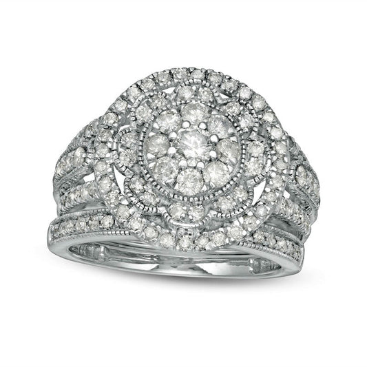 1.25 CT. T.W. Composite Natural Diamond Multi-Row Antique Vintage-Style Bridal Engagement Ring Set in Solid 10K White Gold