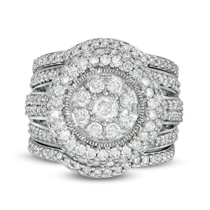2.25 CT. T.W. Composite Natural Diamond Multi-Row Antique Vintage-Style Three Piece Bridal Engagement Ring Set in Solid 10K White Gold