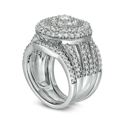 2.25 CT. T.W. Composite Natural Diamond Multi-Row Antique Vintage-Style Three Piece Bridal Engagement Ring Set in Solid 10K White Gold