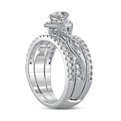 1.0 CT. T.W. Pear-Shaped Natural Diamond Frame Twist Shank Antique Vintage-Style Bridal Engagement Ring Set in Solid 14K White Gold