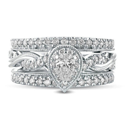 1.0 CT. T.W. Pear-Shaped Natural Diamond Frame Twist Shank Antique Vintage-Style Bridal Engagement Ring Set in Solid 14K White Gold