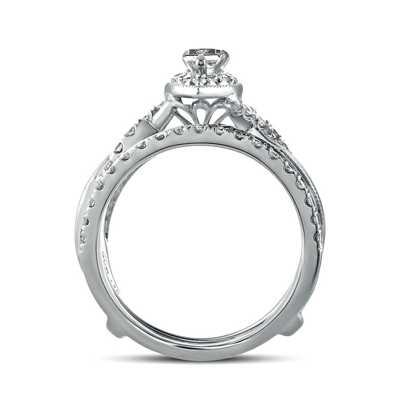 1.0 CT. T.W. Pear-Shaped Natural Diamond Frame Twist Shank Antique Vintage-Style Bridal Engagement Ring Set in Solid 14K White Gold