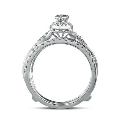 1.0 CT. T.W. Pear-Shaped Natural Diamond Frame Twist Shank Antique Vintage-Style Bridal Engagement Ring Set in Solid 14K White Gold