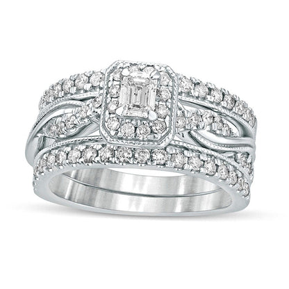 1.0 CT. T.W. Emerald-Cut Natural Diamond Frame Twist Shank Antique Vintage-Style Bridal Engagement Ring Set in Solid 14K White Gold