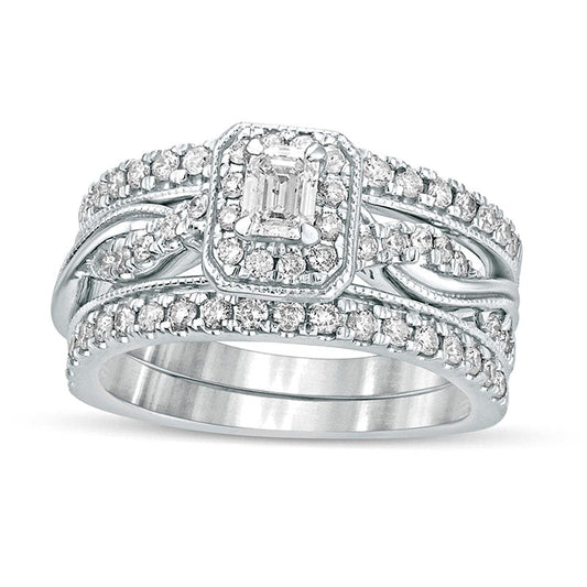 1.0 CT. T.W. Emerald-Cut Natural Diamond Frame Twist Shank Antique Vintage-Style Bridal Engagement Ring Set in Solid 14K White Gold