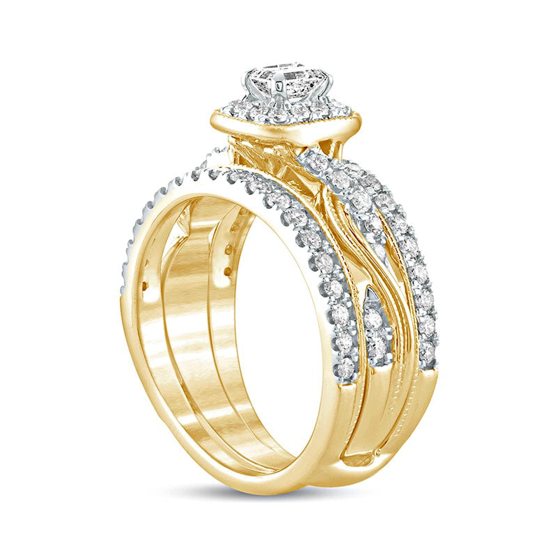 1.0 CT. T.W. Emerald-Cut Natural Diamond Frame Twist Shank Antique Vintage-Style Bridal Engagement Ring Set in Solid 14K Gold