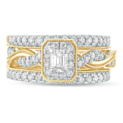 1.0 CT. T.W. Emerald-Cut Natural Diamond Frame Twist Shank Antique Vintage-Style Bridal Engagement Ring Set in Solid 14K Gold