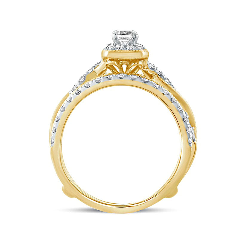 1.0 CT. T.W. Emerald-Cut Natural Diamond Frame Twist Shank Antique Vintage-Style Bridal Engagement Ring Set in Solid 14K Gold