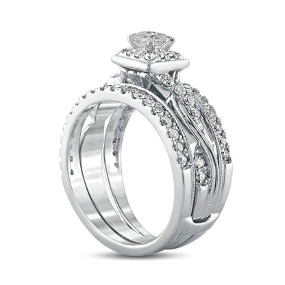 1.0 CT. T.W. Princess-Cut Natural Diamond Frame Twist Shank Antique Vintage-Style Bridal Engagement Ring Set in Solid 14K White Gold
