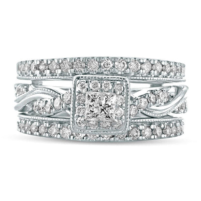 1.0 CT. T.W. Princess-Cut Natural Diamond Frame Twist Shank Antique Vintage-Style Bridal Engagement Ring Set in Solid 14K White Gold
