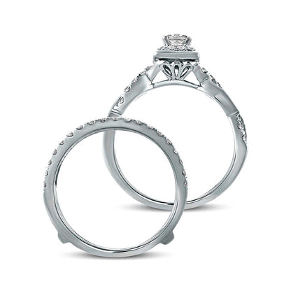 1.0 CT. T.W. Princess-Cut Natural Diamond Frame Twist Shank Antique Vintage-Style Bridal Engagement Ring Set in Solid 14K White Gold