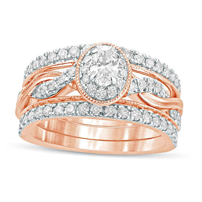 1.0 CT. T.W. Oval Natural Diamond Frame Twist Shank Antique Vintage-Style Bridal Engagement Ring Set in Solid 14K Rose Gold