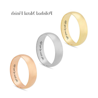 6.0mm Half-Round Engravable Wedding Band in Solid 10K White, Yellow or Rose Gold (1 Line)